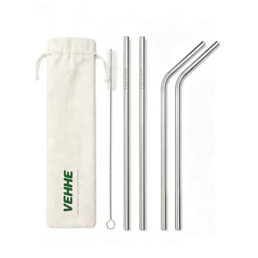 VEHHE Metal Straws Stainless Steel Straws Drinking Straws Reusable - 10.5" Ultra Long 4 + 1 - W/Cleaning Brush for 20/30 Oz for Yeti RTIC SIC Ozark Trail Tumblers (2 Straight|2 Bent|1 Brush)
