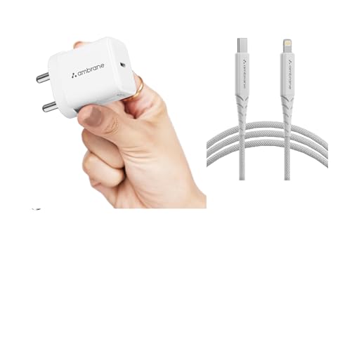 Ambrane 20W Fast Charger Adapter for iPhone 17/17 Air/17 Pro/17 Pro Max, 16/16 Plus/16 Pro/16 Pro Max, 15/15 Plus/15Pro/15 Pro Max & Other Type C Devices with USB C to Lightning Cable