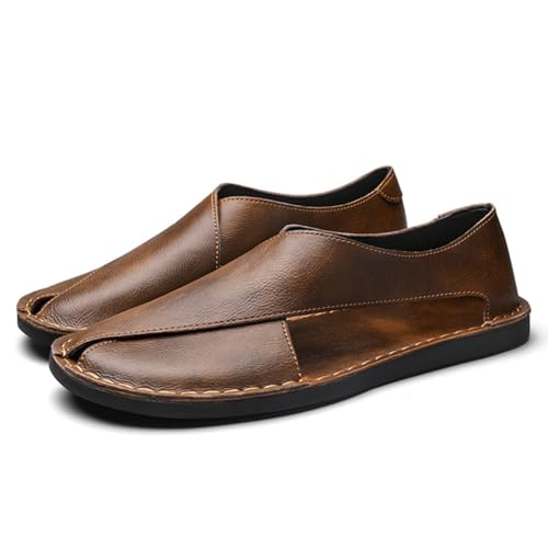 Men's Leather Dress Sandals - Summer Slip-On with Elastic Side Gores, Lightweight Sole, Non-Slip & Laser-Cut Breathable Upper - Ideal for Office, Weddings & Casual Summer Outings