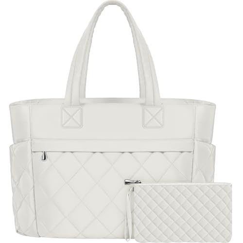 TILYMOL Tote Bag for Women, 15.6 Inch Laptop Bag, Large Quilted Work Shoulder Bag, Ultra Lightweight Puffer Handbag for Travel, Work, Gym (Beige)