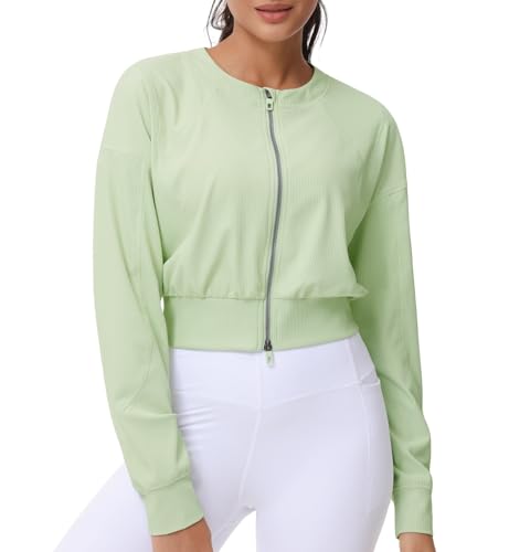 THE GYM PEOPLE Women's Cropped Jackets Full Zip Long Sleeve Ribbed Workout Sweatshirts Lightweight Casual Tops