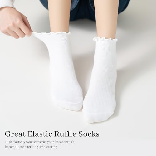 Sunm Boutique Ruffle Socks Woman, White Cute Womens Crew Frilly Socks Cotton Ankle Breathable Size 5-92