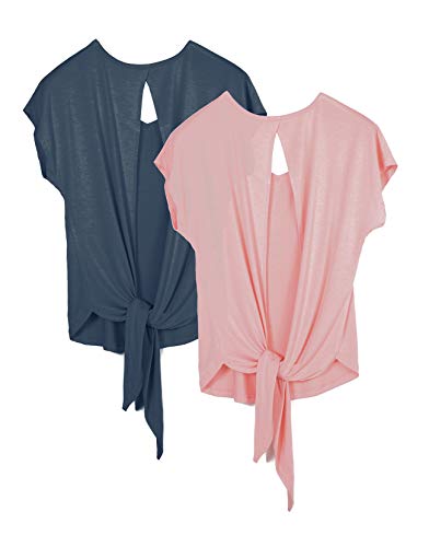 icyzone Women's Open Back Workout T-Shirts Exercise Yoga Short Sleeves Tops Activewear Athletic Shirts 2 Pack (S, Harbor Blue/Cameo Pink)