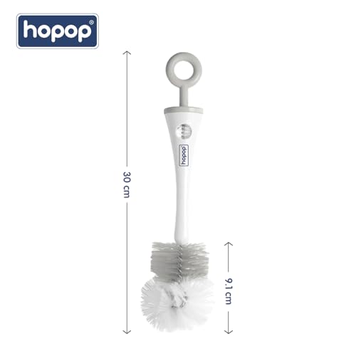 Image of Hopop Baby Feeding Bottle Cleaning Brush & Nipple Cleaner | 2 in 1 Flexible Bristle Bottle Brush| Grooved Handle with Easy Hanging Storage | Easy to Clean Narrow & Wide Neck Feeding Bottles |Grey
