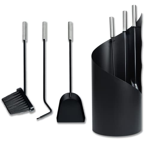 Froadp Set di Attizzatoi per Caminetto Manico in Acciaio Inox da 4 Pezzi Accessori per Caminetti Moderni con Pinze Pale Bastoni da Ardere Spazzole Piedistallo Rotondo per Caminetti da Interno (Noir)