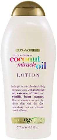 OGX Extra Creamy + Coconut Miracle Oil Ultra Moisture Body Lotion with Vanilla Bean, Fast-Absorbing Body Lotion for All Skin Types, Paraben-Free and Sulfated-Surfactants Free, 19.5 fl oz