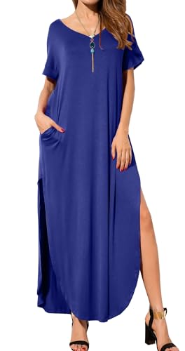 GRECERELLE Women's Maxi Dress Summer Casual Loose Side Split Short Sleeve V Neck Long Dresses with Pockets, Royal Blue, Small