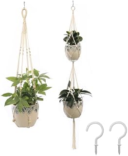 Sricam Hanging Planter, 2 Pack Macrame Plant Hangers, Rope Flower Pot Hanger for Indoor and Outdoor Patio Deck Ceiling Plant Holder With 2 Pcs Cup Hooks (A)