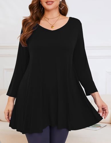 Image of LARACE Tunics 3 /4 Sleeve Plus Size Tops for Women V Neck Loose Fit Flowy Clothing for Leggings