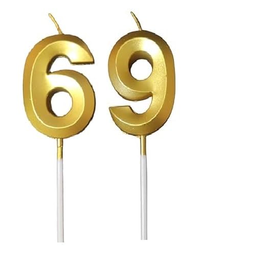 Image of ToyUniverse Number 69 Gold Candle | Sixty Nine Number Candle | Number 69 Metallic Gold Candle for Sixty Ninth Birthday,Anniversary, Surprise Party Cake Decoration Candle (Pack of 2,Number 69)