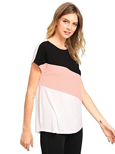 Romwe Women's Color Block Blouse Short Sleeve Casual Tee Shirts Tunic Tops Pink Black White Xxxxl #TOP2
