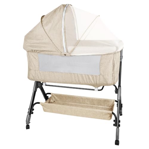 OHMG Bed multifunción 3 en 1,Cuna colecho y Parque,para niños de hasta 15 kg,con Ajuste de Altura de 5 Posiciones,con colchón,Correas de sujeción y Ruedas (Beige (104x52x103-115cm))