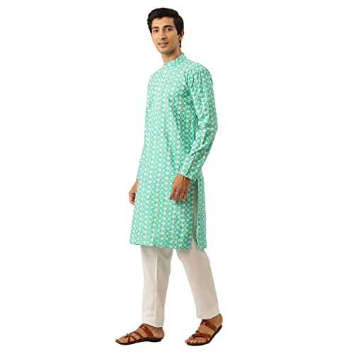 Image of SOJANYA (Since 1958 Men's Silk Blend Light Green Kurta & Nehrujacket with White Pyjama Combo