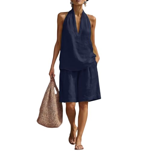 tobchonp Two Piece Linen Sets for Women Summer V Neck Halter Tank Tops Knee Length Bermuda Shorts Beach Comfy Lounge Set Matching Lounge Short Sets Over 60 Casual Cotton Linen Pajamas Set Navy