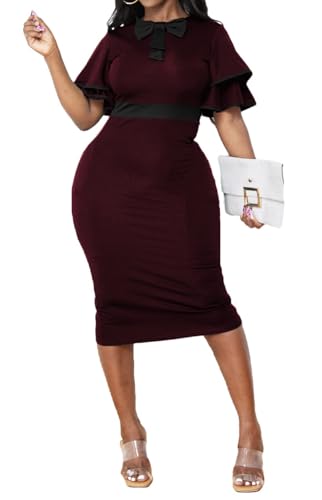 Image of Xinlees Women's Bodycon Pencil Dress Sexy Short Ruffles Sleeve Clubwear Basic Fitted Outfits Casual Midi Dresses