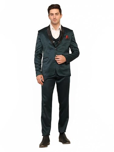 Image of Men's Navy Blue Jacquard Tuxedo Suit with Black Shawl Lapel, 3-Piece Formal Wedding Ensemble, Red Pocket Square