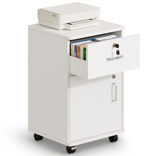 Warmiehomy 2 Drawer Lockable Filing Cabinet, Mobile Under Desk Drawers with Storage, Office Drawers File Cabinet on Wheels, Printer Stand Home Office, White (1 drawer + 1 cabinet, Locable)