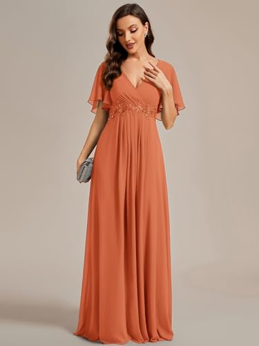Image of Ever-Pretty Women's Chiffon V-Neck Mother of Bride Dresses A-Line Ruched Short Sleeves Appliques Bridesmaid Dress Formal Gown
