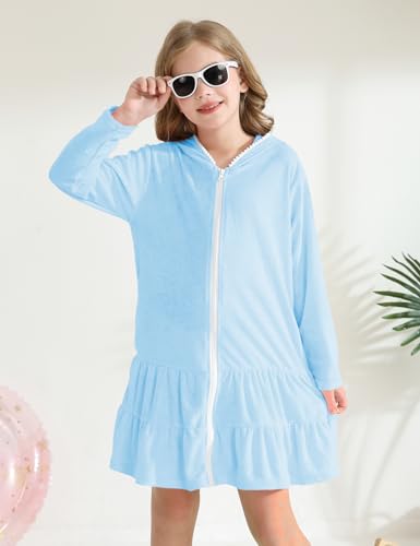 Image of Girls Swim Cover Up Kids Long Sleeve Swimsuit Coverup Terry Beach Pool Clothes with Sunglasses