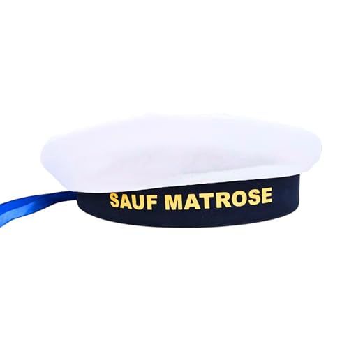 SPIELFERKEL Sauf Matrose Mütze – Weiße Matrosenkappe mit dunkelblauem Band & goldfarbener...