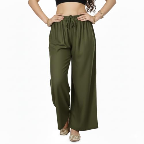 Image of Women's Rayon Palazzo Pants | Solid Color Wide Leg Trousers in 18 Shades | Elastic Waist Casual Bottoms XS-7XL | Comfortable