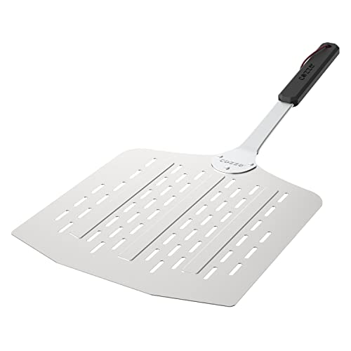 Cozze® Pelle à Pizza légère perforée 66 cm – 30 x 30 cm – Aluminium 1,5 mm – Manche softgrip INOX/Plastique – Lanière Cuir – Certifiée Contact...