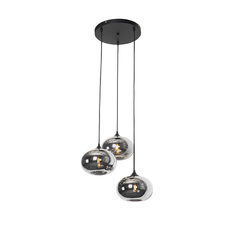 Qazqa Pendelleuchte Zuzanna – 3-flammig, Schwarz Mit Gold, Rauchglas, Dimmbar, Für E27 LED, Max. 60 Cm Durchmesser