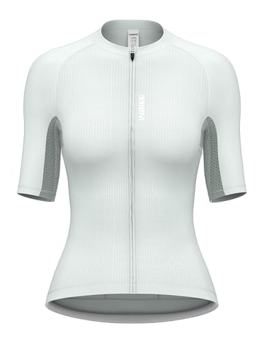 INBIKE Maillot Cyclisme Femme Manche Courte - Haut Vélo Respirant Extensible Confortable 3 Poches Arrière, Bande Anti-Remontée Taille, Séchage Rapide VTT Route Vert-M
