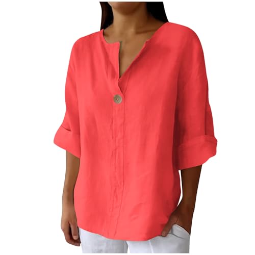 Compra Online Camiseta Mujer de Mangas Tres Cuartos Algodón y Lino Cuello V Suelto Casual Moda Blusa de Manga 3/4 Transpirable Camisa Mujer Informal Trabajo de Oficina Fiesta Talla Grande Shirt
