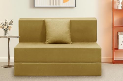 Image of Foldable 1-Seater, 3X6 Sofa Bed | Convertible Sofa Cum Bed with Cushion Jute Fabric Perfect for Living Rooms & Guest Rooms - Golden