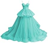 HUINI Lang Ballkleid A-Linie Formal Abendkleid Tüll Prinzessin Hochzeitskleid Spaghettiträger Abschlussballkleid Türkis 32
