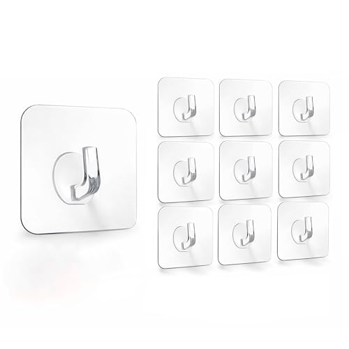 Image of BRAND VILLA Transparent Self Adhesive Wall Hooks, Heavy Duty No Drill Nail Free Sticky Hooks for Kitchen, Bathroom, Keys, Towels & Home Organization (Pack of 10)