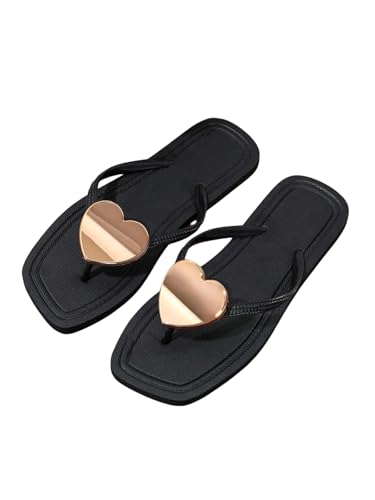 GORGLITTER Women's Heart Flip Flops Square Toe Flat Sandals Thong Sandals Cute Beach Slides