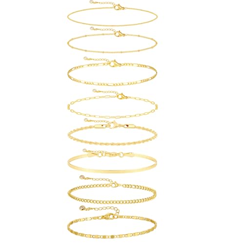 VIROMY Gold Bracelets for Women Waterproof,14K Gold Plated Layered Stackable Bracelet Stack Adjustable Size Jewelry Sets Gifts 8PCS