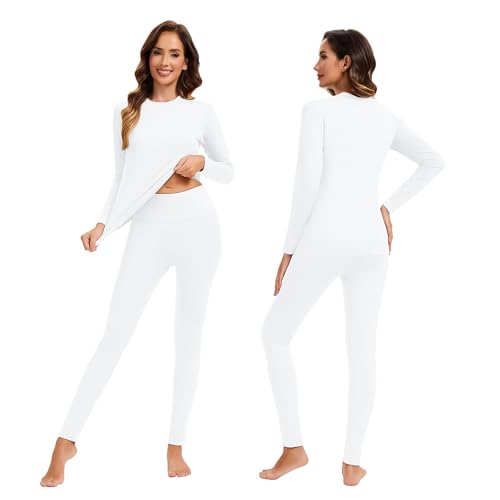 AMZSPORT Damen Thermounterwäsche Set, Atmungsaktive Funktionswäsche mit Innenfleece für Ski & Winter, Langarm Oberteil & Warme Unterwäsche Weiß M AMZSPORT Damen Thermounterwäsche Set, Atmungsaktive Funktionswäsche mit Innenfleece für Ski & Winter, Langarm Oberteil & Warme Unterwäsche Weiß M