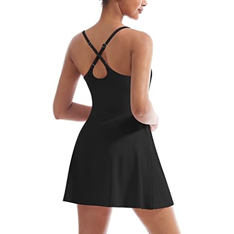 PHISOCKAT Women Tennis Dress Workout Dress with Built-in Bras & Shorts Pockets Athletic Golf Dresses for Women, Black, Large Cover
