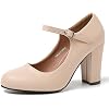 MAIERNISI JESSI Women's Mary Jane Pumps, Closed Round Toe, Block Heel with Ankle Strap Buckle, 3.54 Inch High Heel