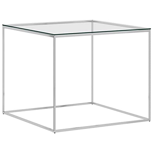 Glas Couchtisch im Modern,Wohnzimmertisch, Beistelltisch, Sofatisch,Teetisch, Kaffeetisch, Telefontisch,Nachttisch für Wohnzimmer, Schlafzimmer, Silbern 50x50x43 cm Edelstahl und Glas Cover
