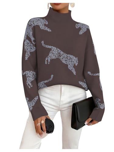 Image of WDIRARA Women's Leopard Tiger Print Sweater High Neck Long Sleeve Fuzzy Knitted Pullover Top