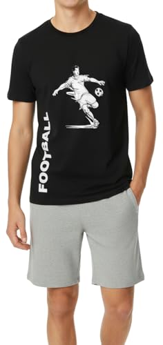 Jungen Schlafanzug kurz, weicher Single-Jersey aus 100% Baumwolle und mit Hose in Bermuda Form (DE/NL/SE/PL, Numerisch, Regular, schwarz Fussball) (DE/NL/SE/PL, Numerisch, 164, Regular)