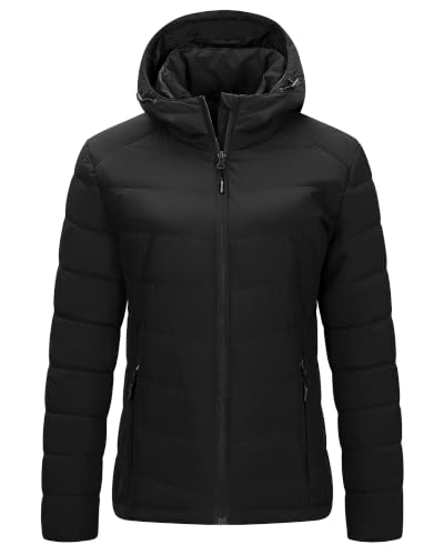 Image of Outdoor Ventures Women's Winter Puffer Jacket Quilted Padded Coat Transitional Insulated Hooded Jackets Windproof Outerwear for Hiking Travel Skiing Black L