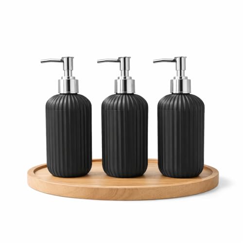 Image of LAGET 300ml Soap Dispenser for Wash Basin - Plane Ribbed Design | Kitchen and Bathroom Accessories Items | Refillable Handwash Dispenser Bottle- Set of 3 (Black)