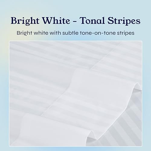 California Design Den Natural 100% Cotton Fitted Sheet Queen Size Only - Soft 400 Thread Count Sateen, Deep Pocket Queen Fitted Sheet, No-Pop Off Elastic, Durable - Striped White - Thumbnail 3