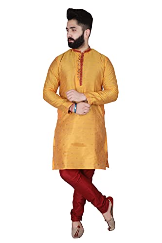 Pro-Ethic Style Developer Men's Silk Printed Kurta Set, Yellow (Small)