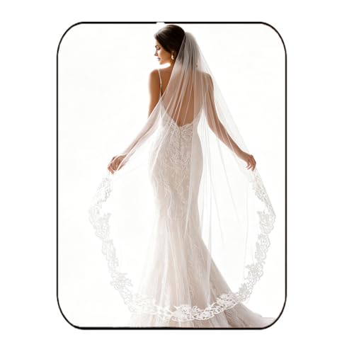 Unsutuo Velo de novia de encaje de 1 nivel con borde floral, velo de tul con peine para mujer, Blanco, Talla única