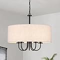 5 Lights Drum Chandelier for Dining Room 19" Modern Farmhouse Black Chandeliers with Shades Round Pendant Light Fixtures Linen Hanging Chandeliers for Bedroom Living Room Kitchen Over Table Foyer