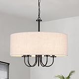 5 Lights Drum Chandelier for Dining Room 19' Modern Farmhouse Black Chandeliers with Shades Round Pendant Light Fixtures Linen Hanging Chandeliers for Bedroom Living Room Kitchen Over Table Foyer