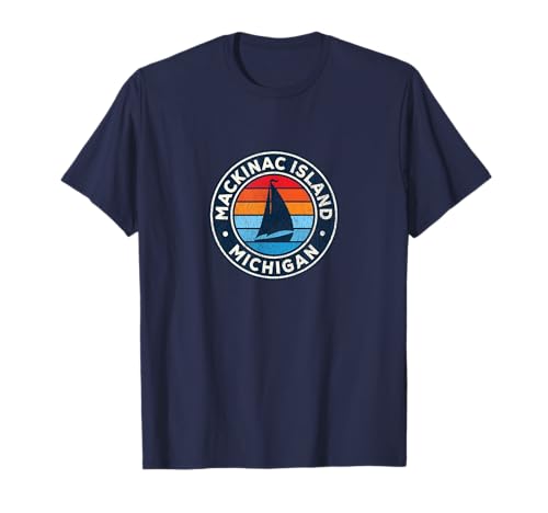 Mackinac Island Michigan MI Vintage Sailboat Retro 70s T-Shirt