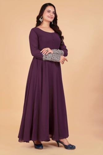 Image of ROYALICA Women's Georgette Gown Set with Solid Pattern Floor Length Round Neck Fit & Flare Full Sleeves Gown Pant and Embroidery Work Dupatta | Anarkali Gown Set for Women
