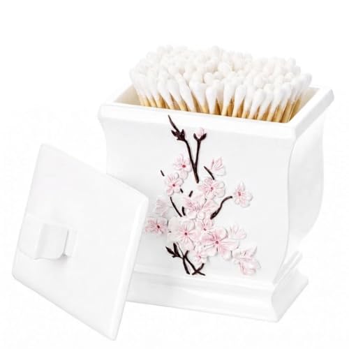 Creative Scents Vanda Qtip Holder - Cherry Blossom White Cotton Swab Balls Holder with Lid Decorative Resin Q-tip Holder Bathroom Canisters Vanity Countertop Storage